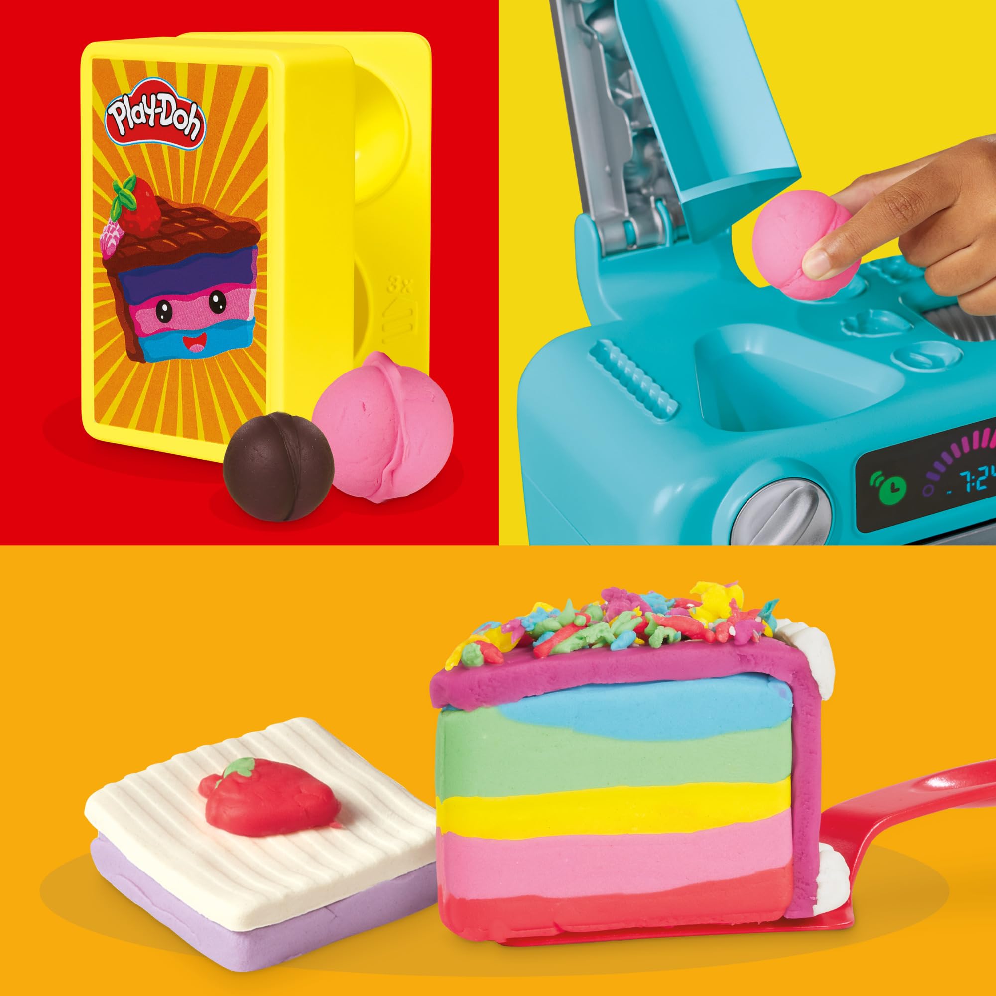 Assembled seven‑inch Play‑Doh mega cake made from slices, showing final group play result