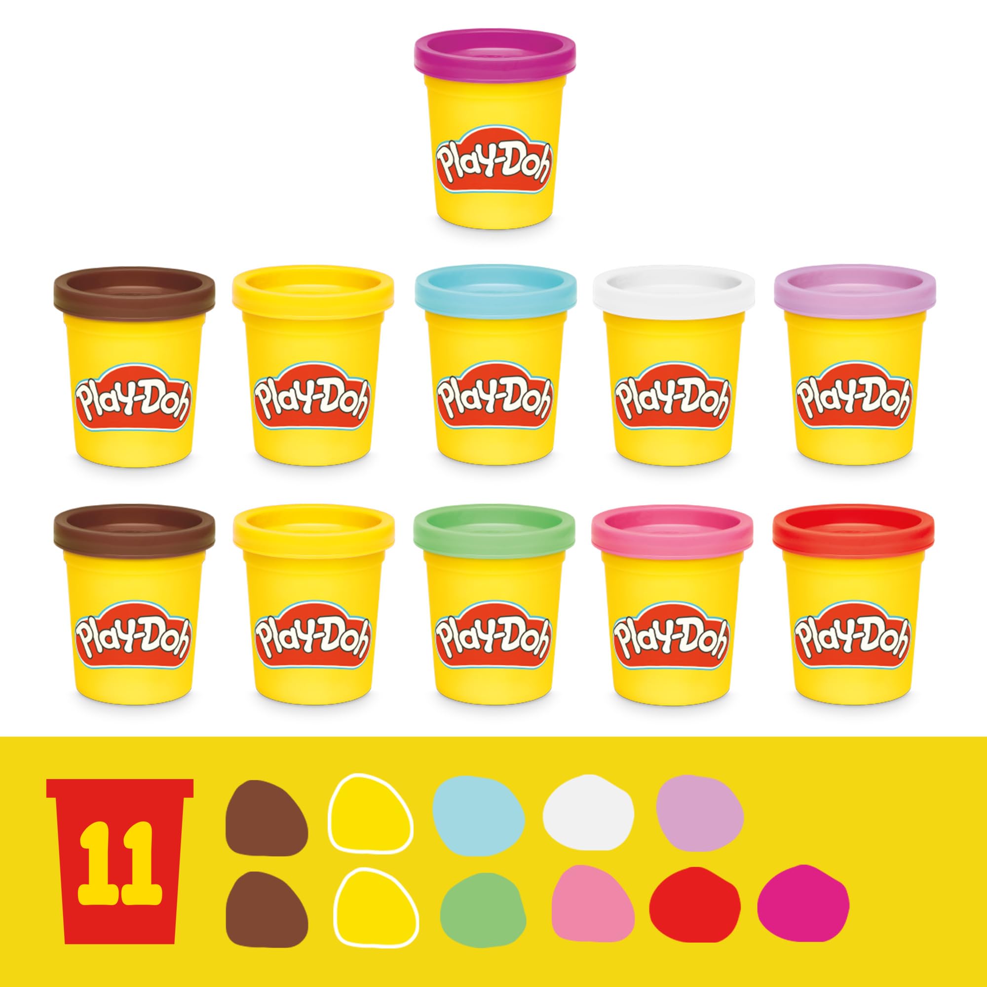 Array of eleven Play‑Doh cans from Play‑Doh set displaying color variety for layered cakes