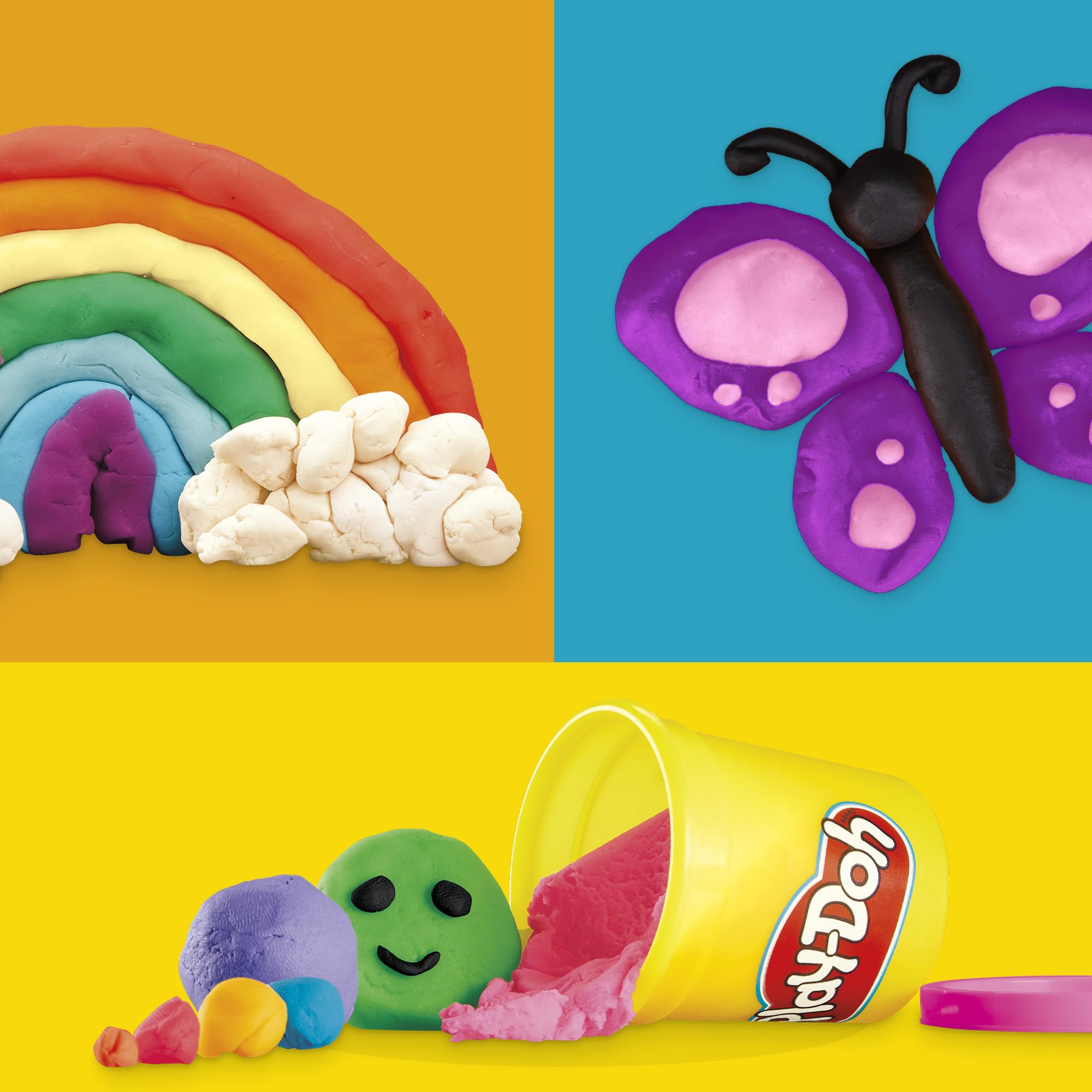 Play‑Doh colores dispuestos en filas para mezclar tonos, fomenta aprendizaje cromático
