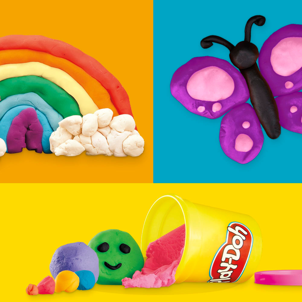 Play‑Doh colores dispuestos en filas para mezclar tonos, fomenta aprendizaje cromático