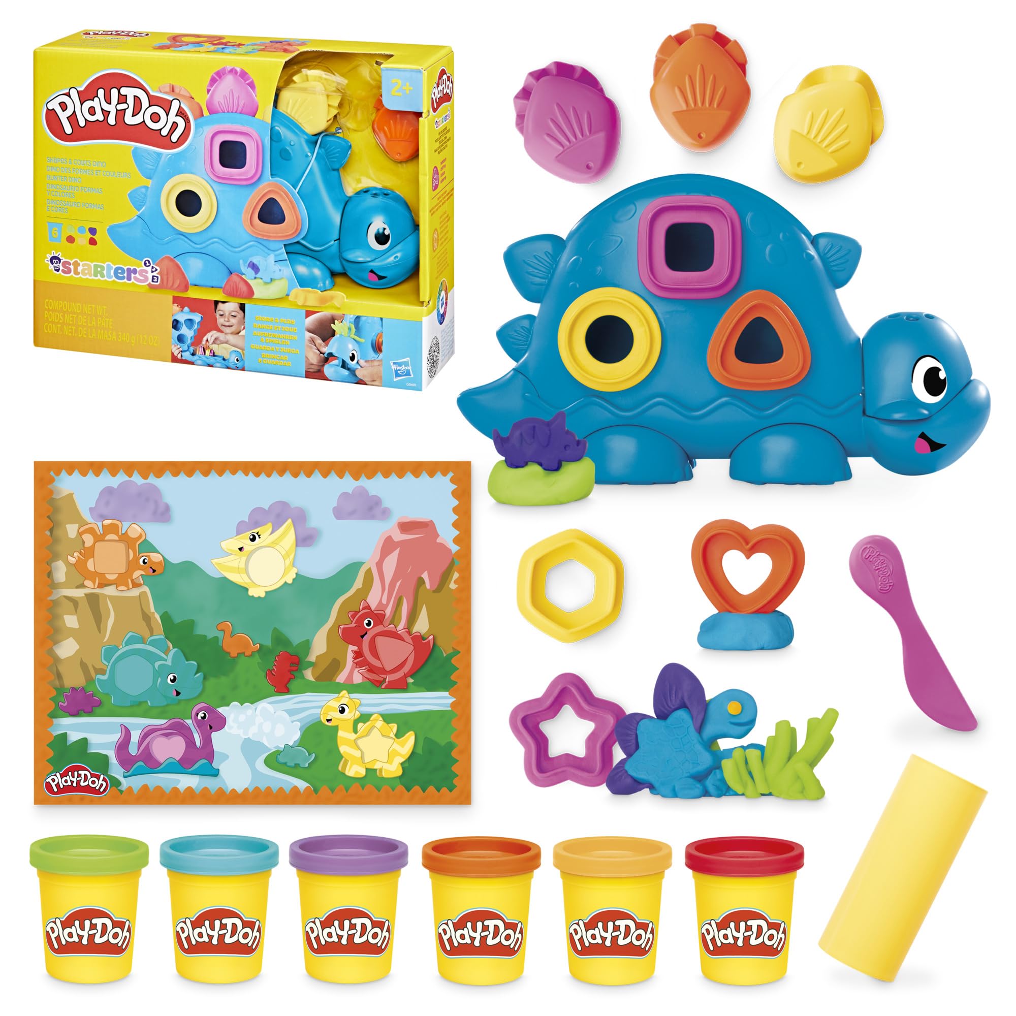 Play-Doh frente del set Dino mostrando figura y accesorios para juego organizado