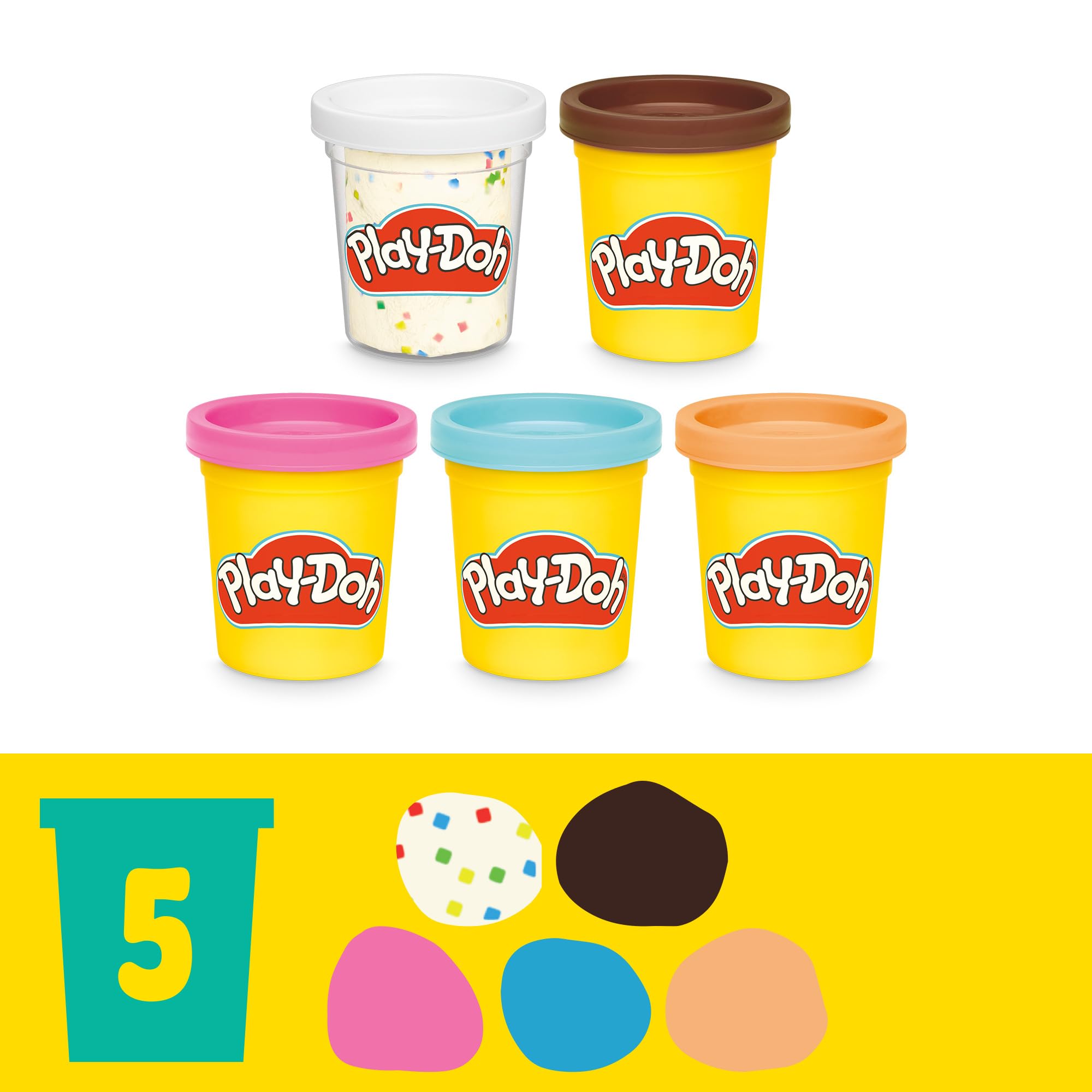Play‑Doh cinco latas de colores abiertas, ofrecen variedad para experimentar colores