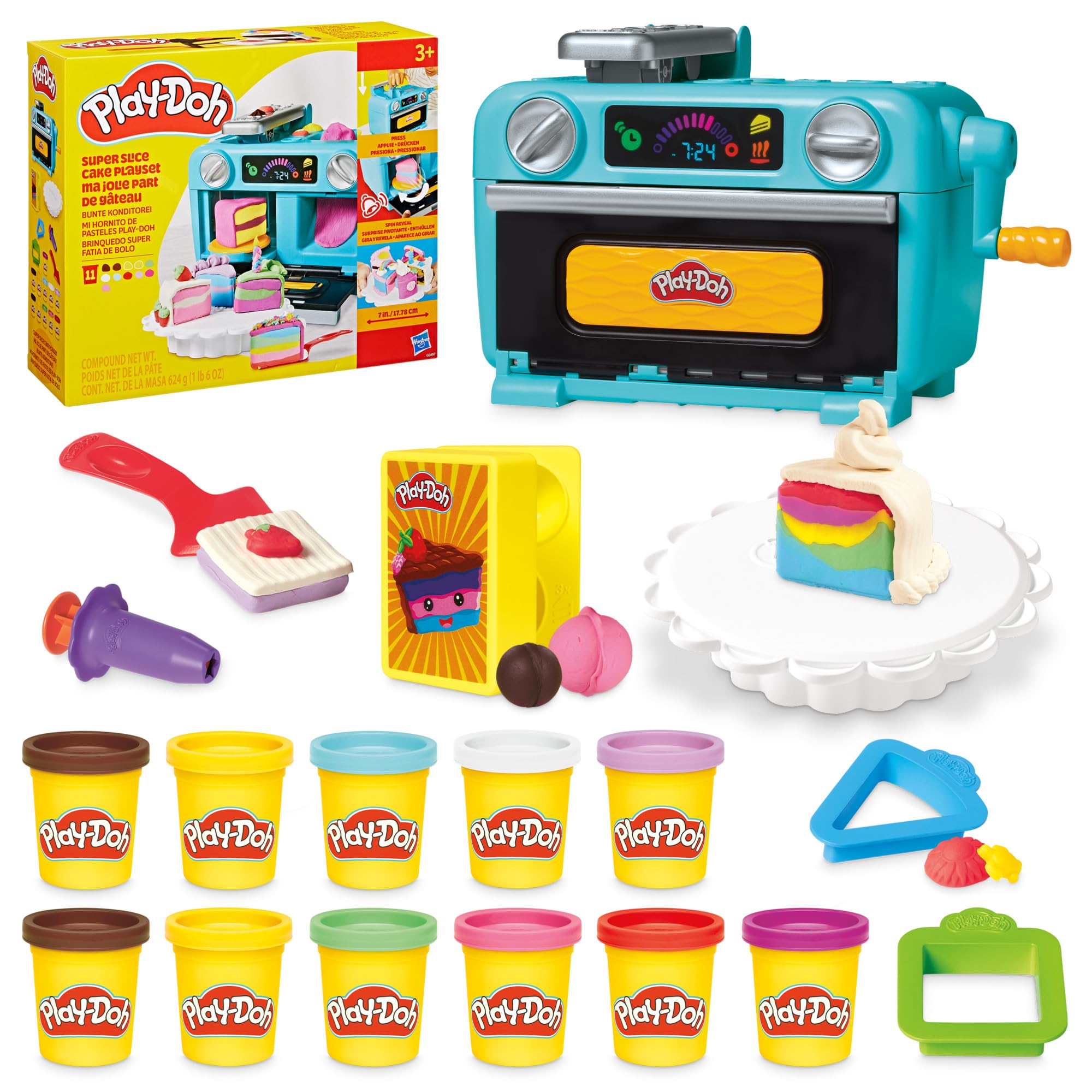 Play‑Doh front packaging showing Super Slice Cake Playset and included tools, showcasing creative play