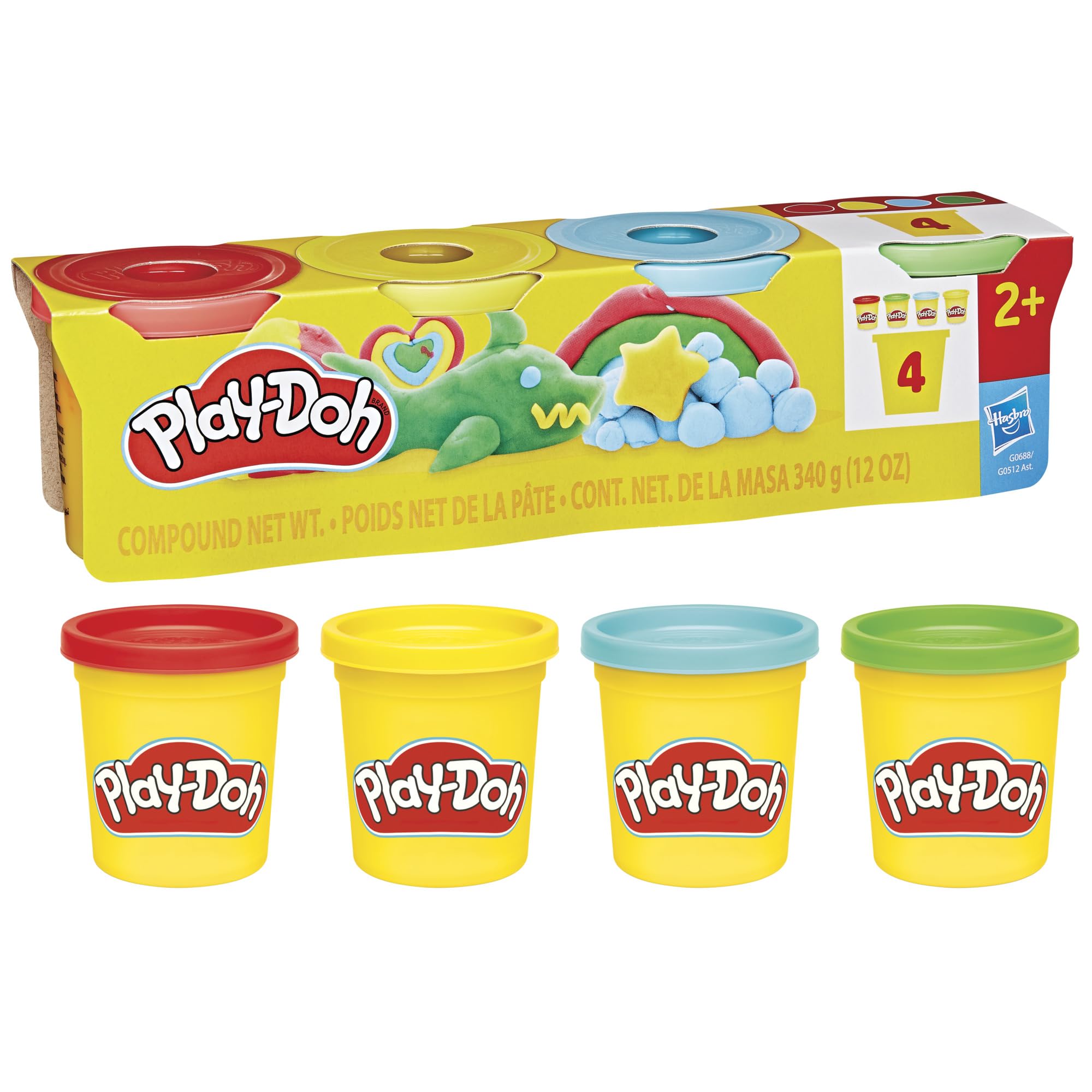 Play-Doh vista frontal de los cuatro botes mostrando colores clásicos para juego creativo