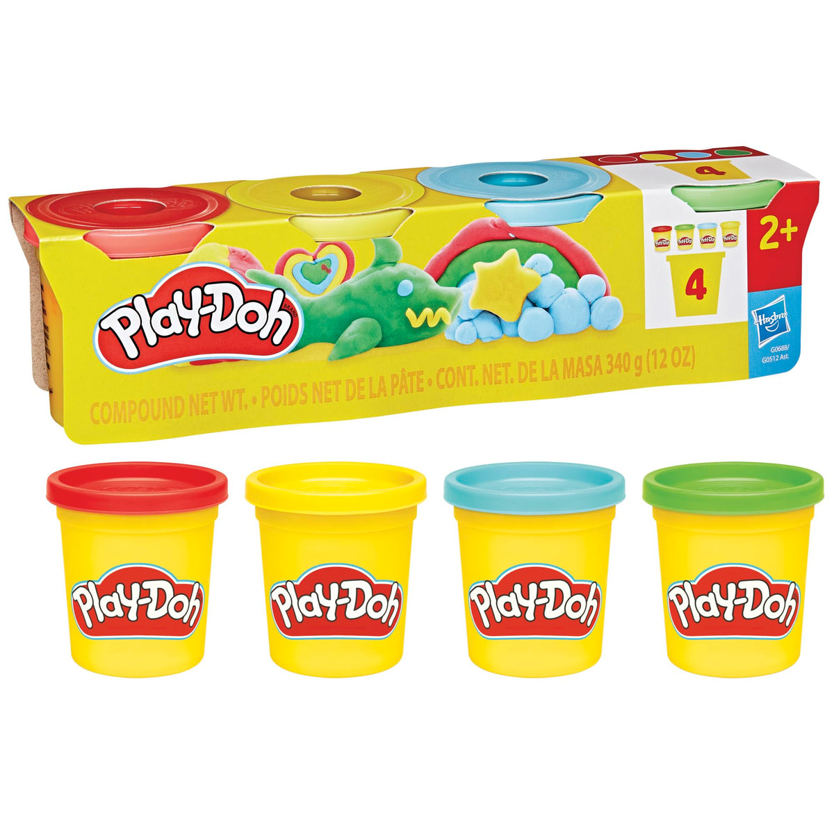 Play-Doh vista frontal de los cuatro botes mostrando colores clásicos para juego creativo