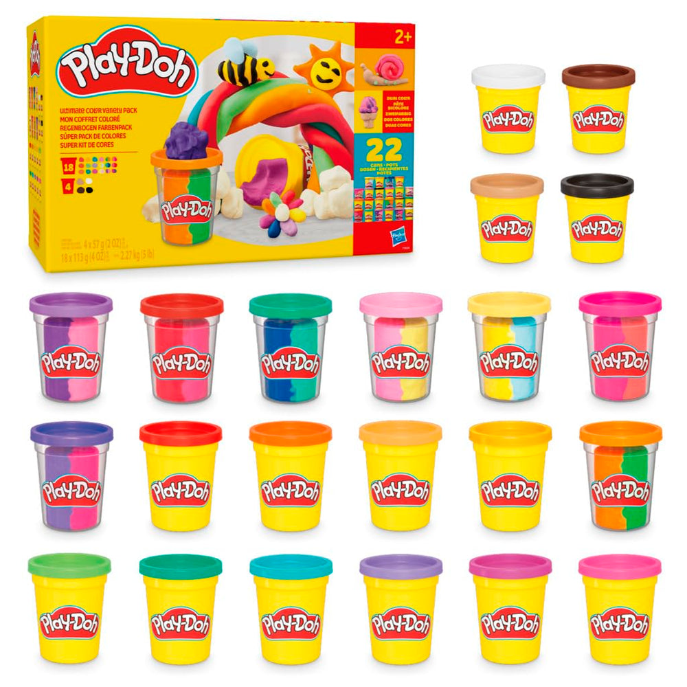 Play‑Doh frontal con 22 latas mostrando variedad y ahorro