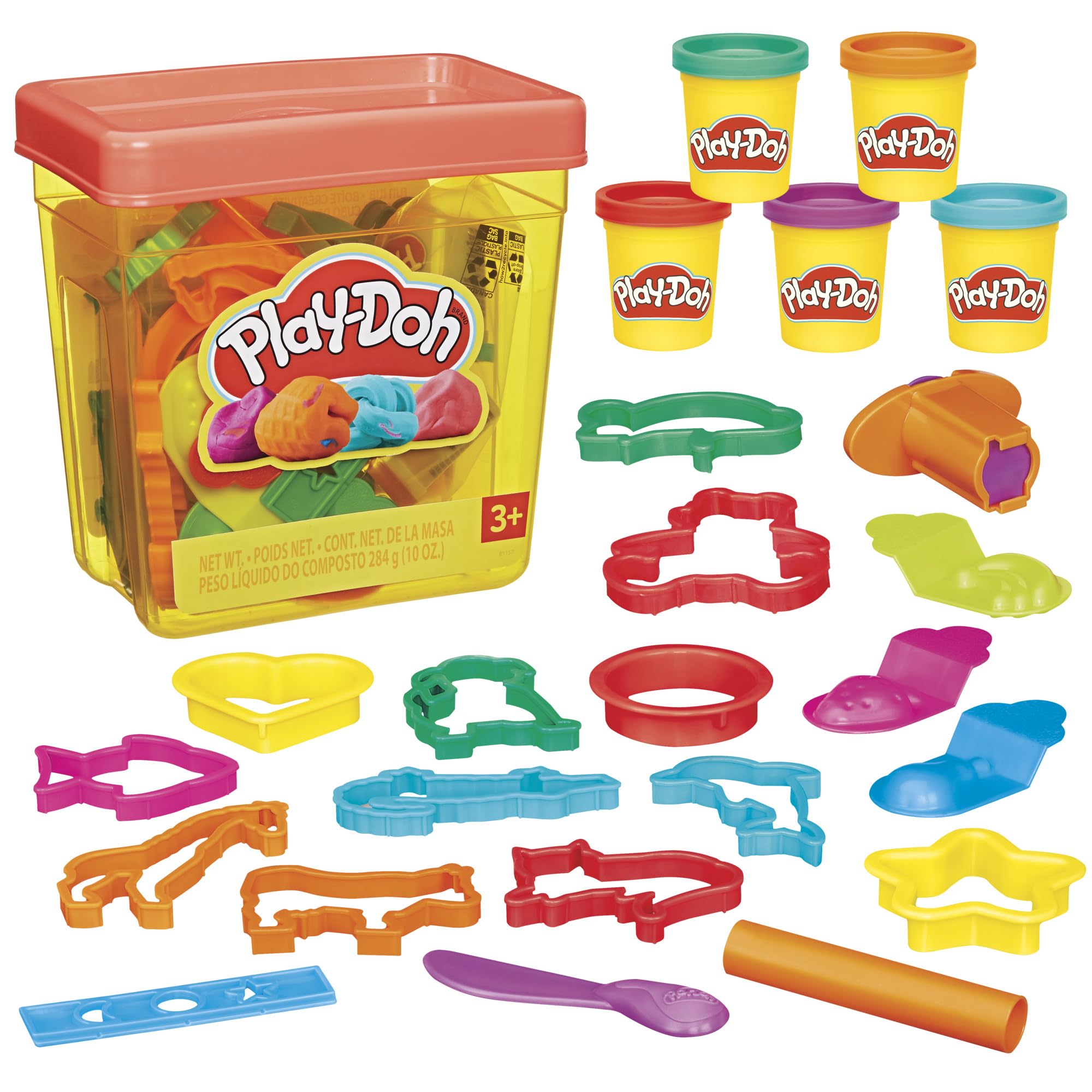 Play‑Doh vista frontal del contenedor con tapa, organización práctica