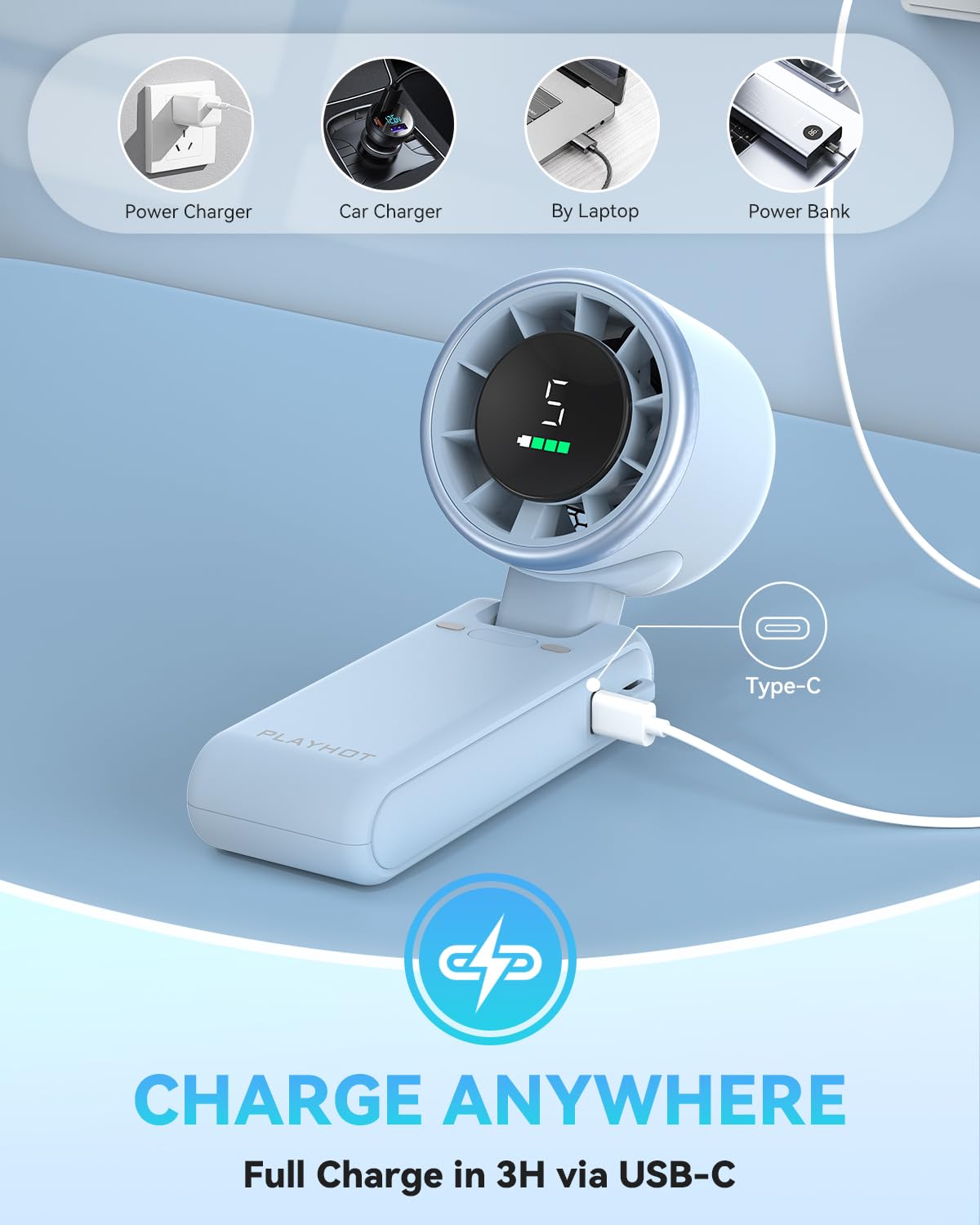 PlayHot ventilador plegado destacando tamaño compacto para viajar