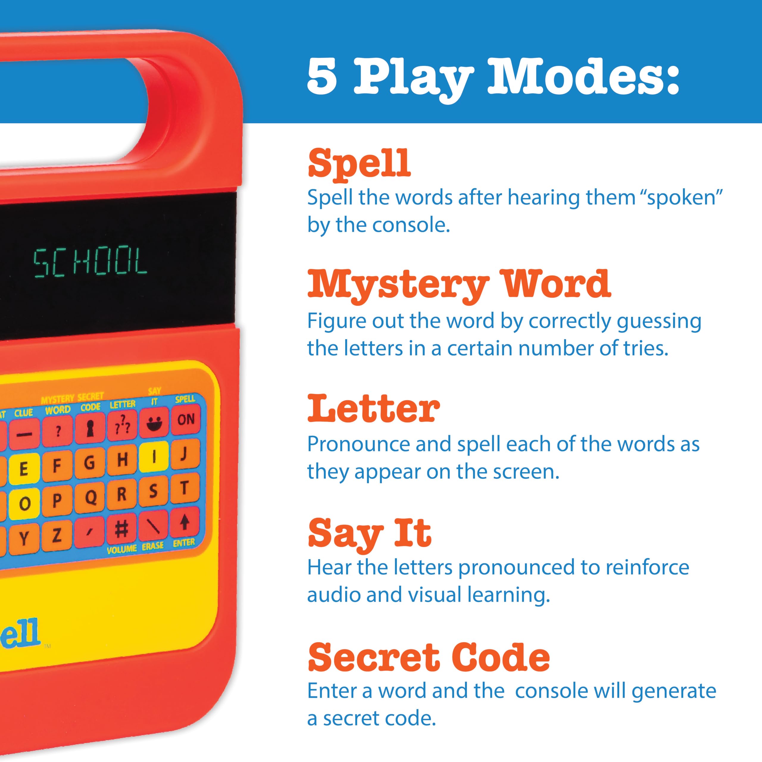 PlayMonster Speak & Spell comparación de tamaño junto a una mano, portátil y fácil de llevar