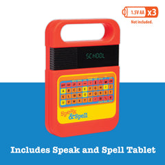 PlayMonster Speak & Spell en uso con niño practicando ortografía, fomenta estudio activo