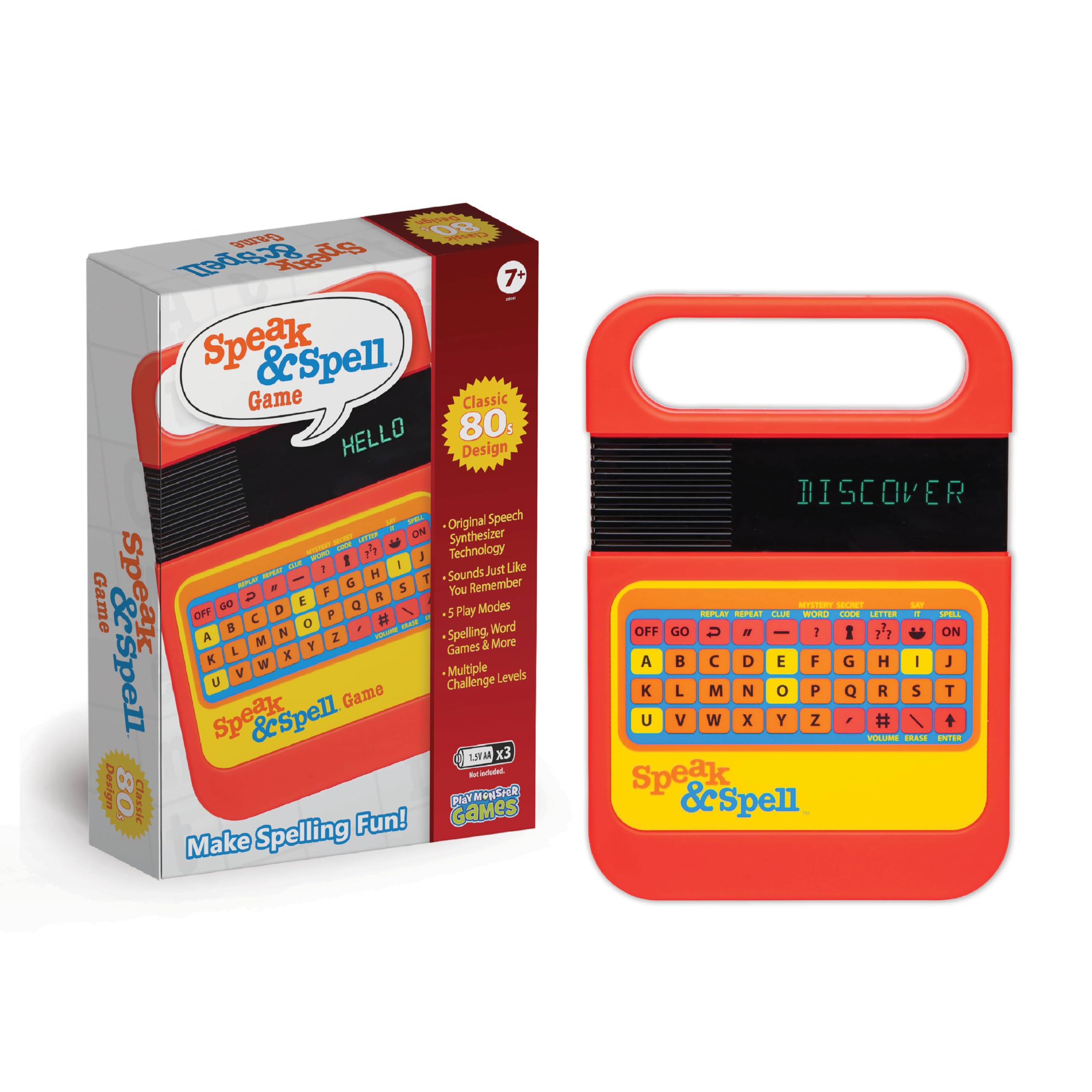PlayMonster Speak & Spell frontal mostrando controles y diseño retro, entreteniendo y enseñando