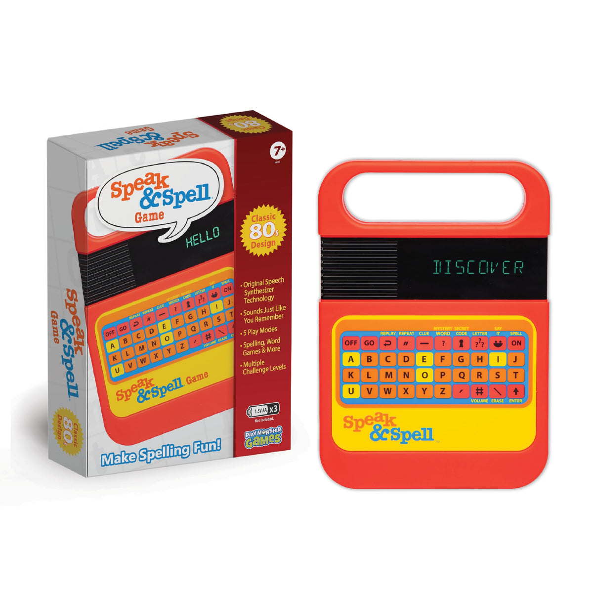 PlayMonster Speak & Spell frontal mostrando controles y diseño retro, entreteniendo y enseñando