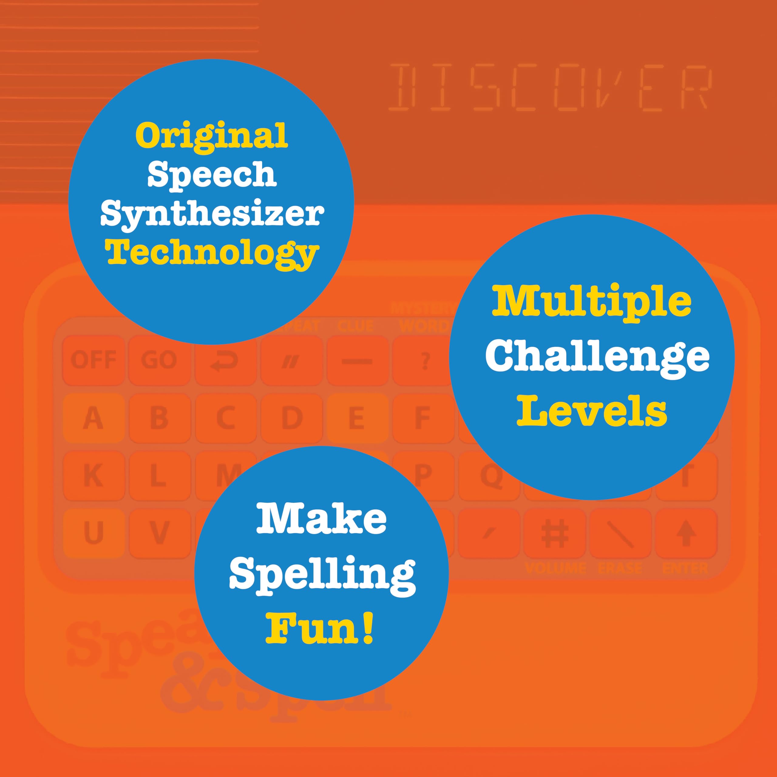 PlayMonster Speak & Spell pantalla gráfica retro mostrando palabras, claridad en las instrucciones