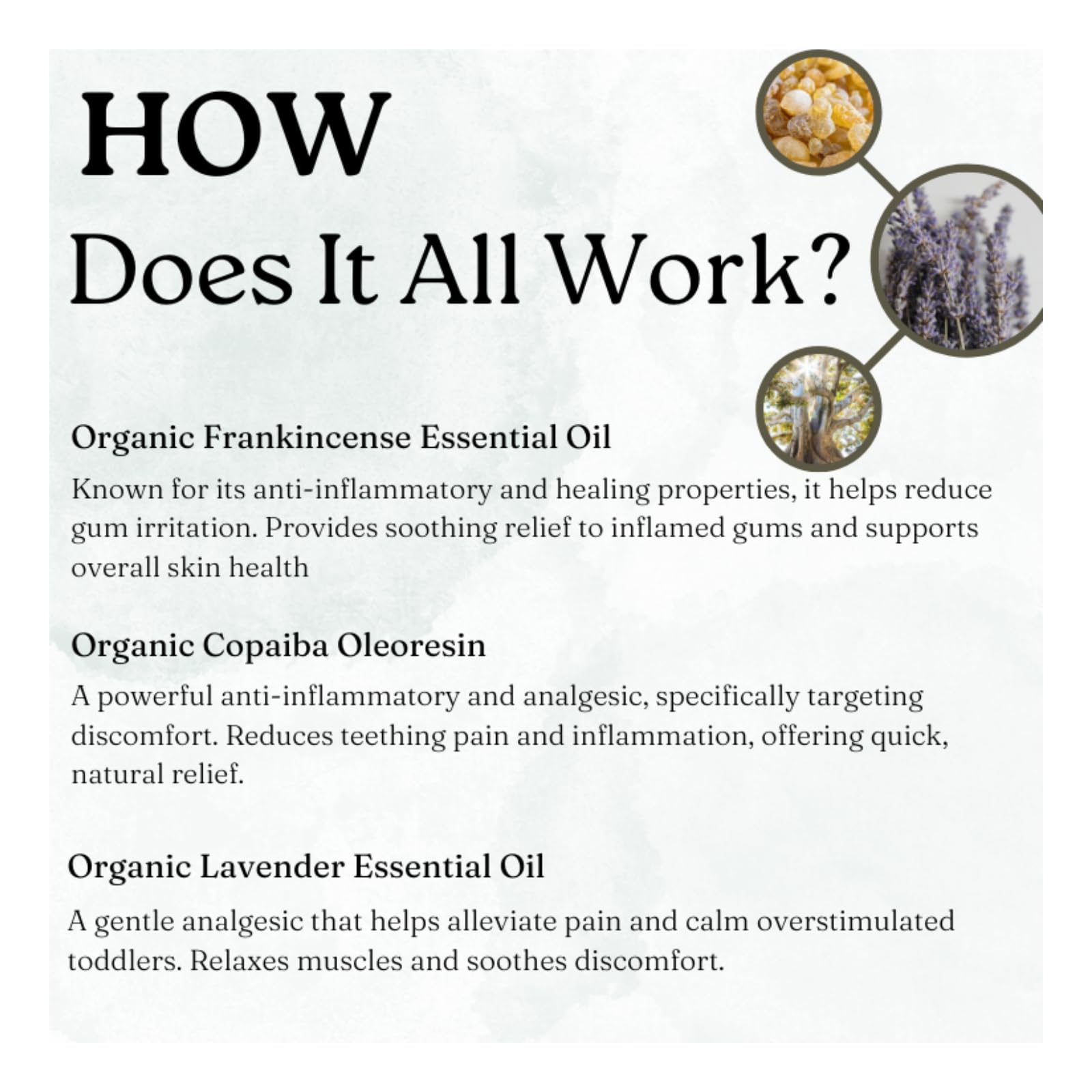 PLENNY ingredient label listing organic chamomile, lavender, frankincense benefits