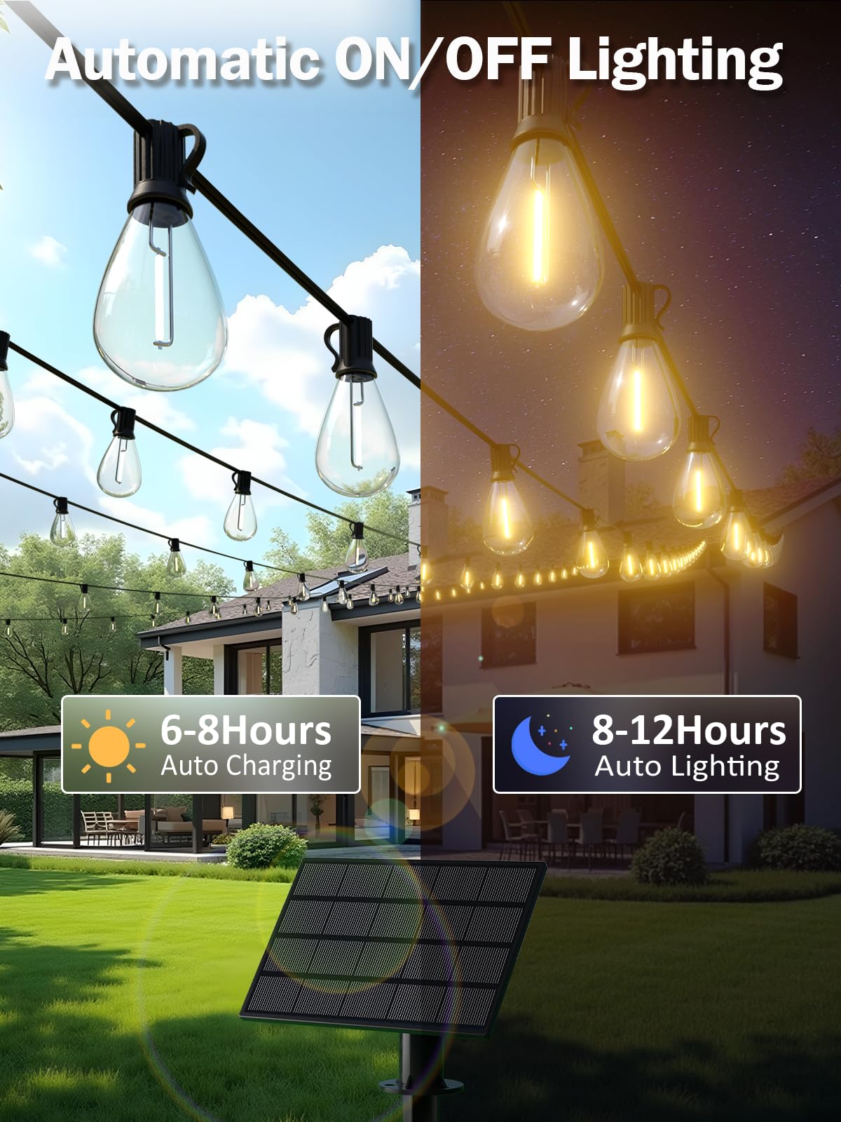 plosim guirnalda colgada en pérgola creando ambiente cálido exterior