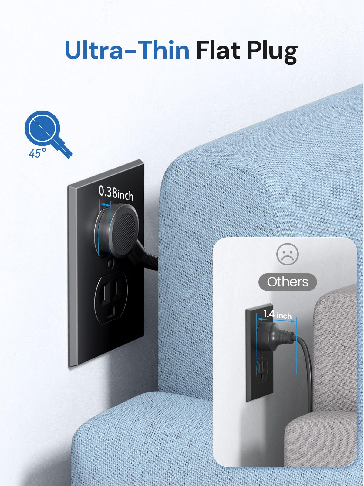 Pluackg clavija plana de 45° que se coloca tras muebles sin bloquear enchufes
