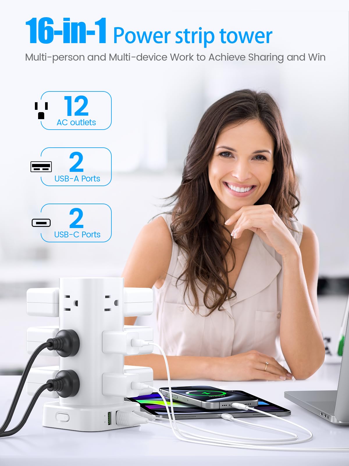 Pluackg detalle de puertos USB-C y USB-A, carga rápida segura