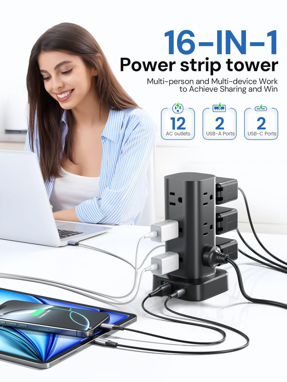 Pluackg detalle de puertos con USB-C y USB-A para carga rápida y múltiple