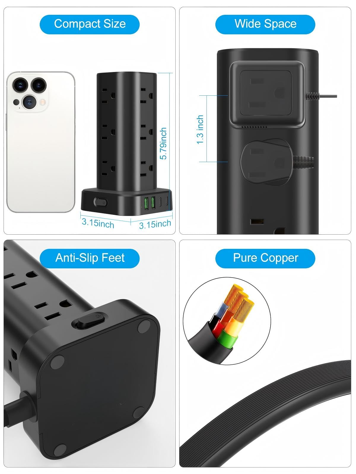 Pluackg torre en uso sobre escritorio alimentando laptop y teléfono simultáneamente