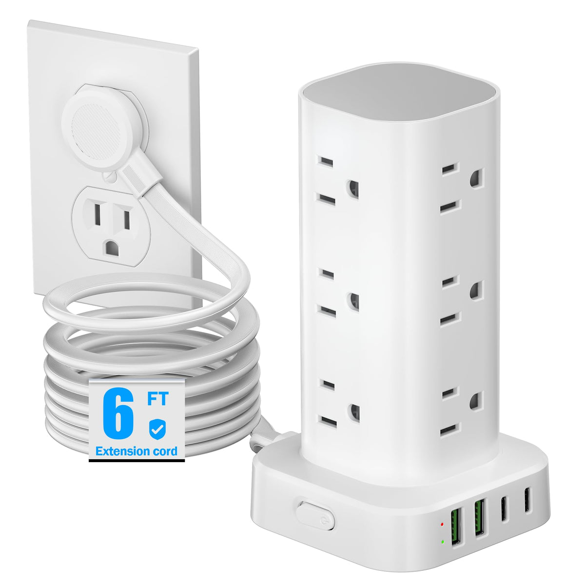 Pluackg torre frontal mostrando 12 AC y 4 USB, orden y accesibilidad