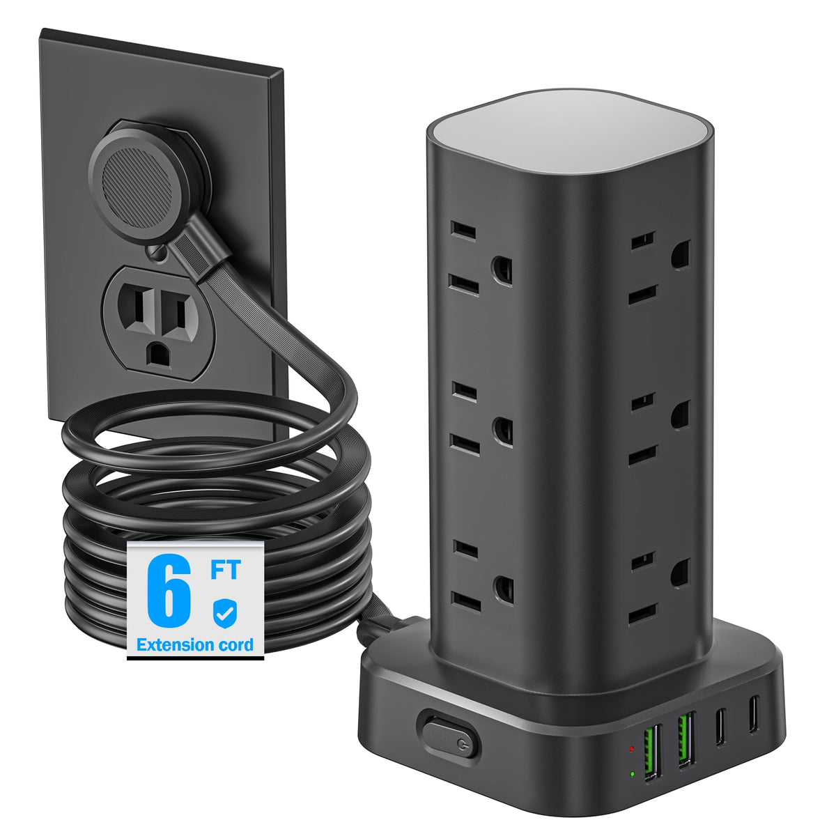 Pluackg torre frontal con 12 enchufes y 4 puertos USB, solución ordenada