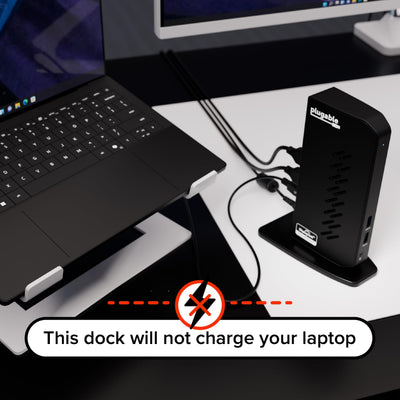 Plugable dual-monitor workstation example demonstrating extended screen productivity gains