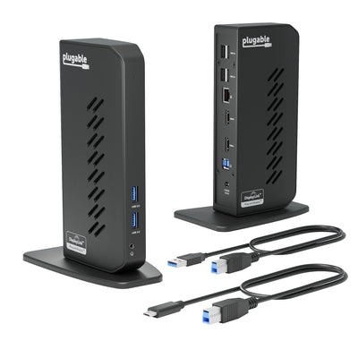 Plugable UD-3900Z front view showing ports and compact design, improving desk organization