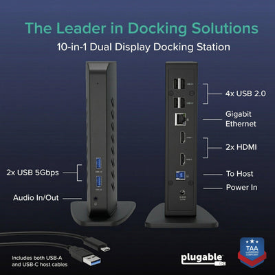Plugable closeup of HDMI, USB, Ethernet and audio ports for reliable connectivity benefits