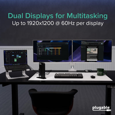 Plugable side profile vertical dock illustrating space-saving upright footprint for tidy desks