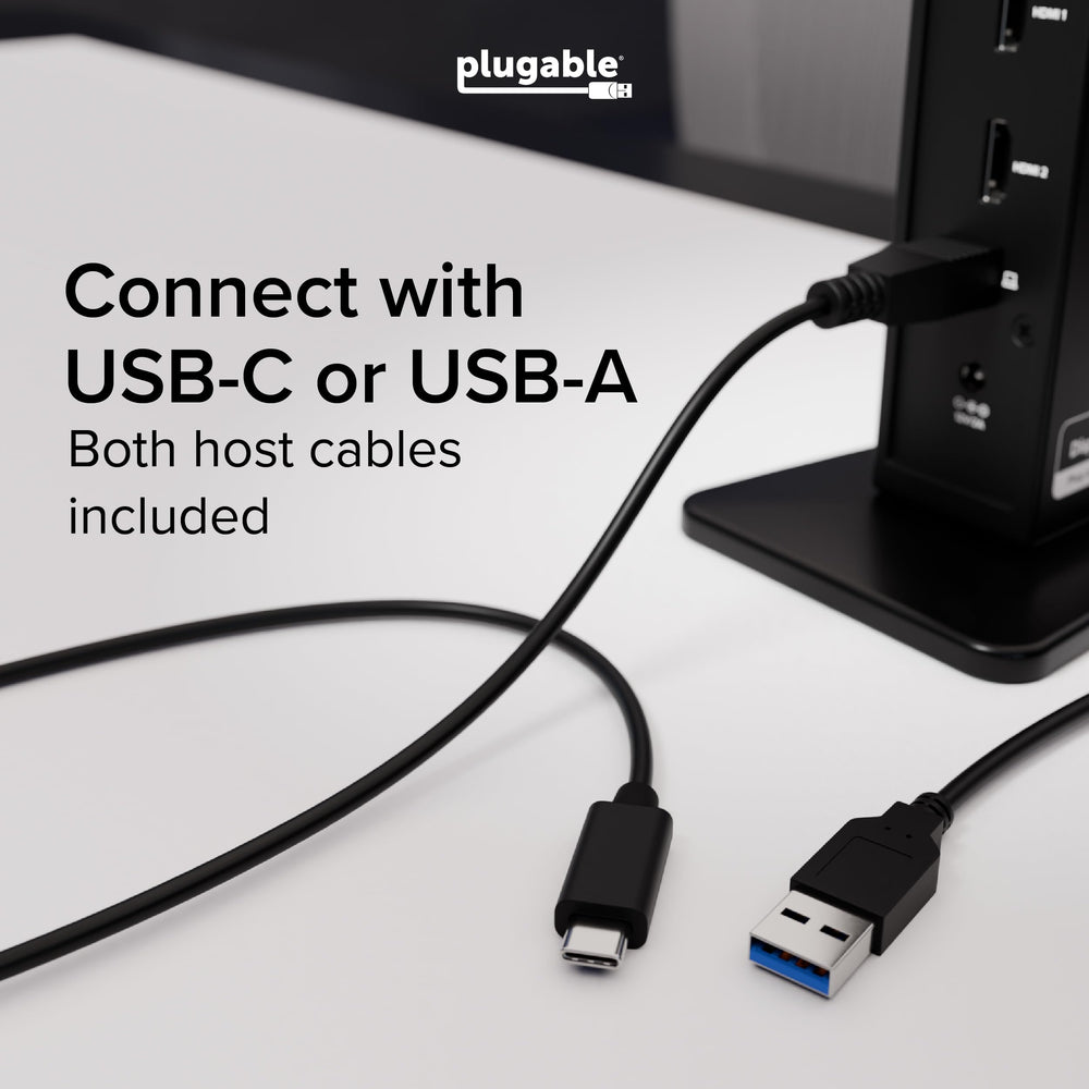 Plugable included USB-C and USB-A host cables showing compatibility with older and new laptops