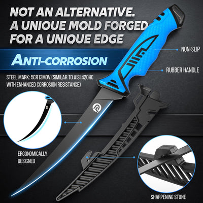 PLUSINNO knife blade close-up showing corrosion-resistant coating and sharpness benefit