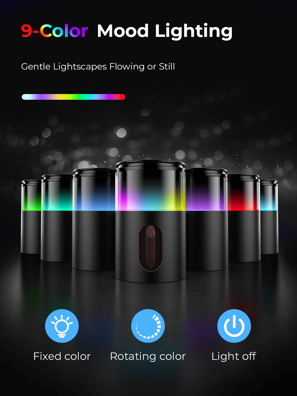 Pmsusoow closeup de LED nueve colores mostrando ambiente regulable