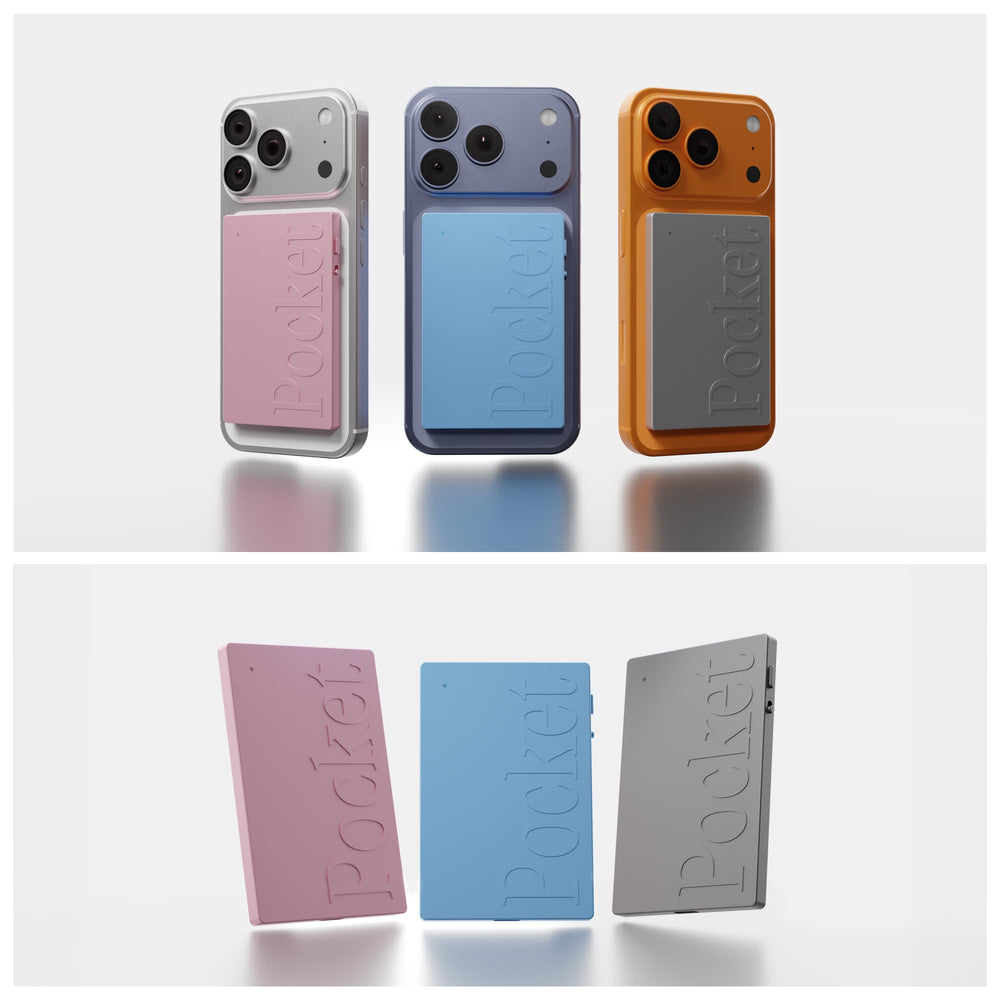Pocket unboxed with charging cable and case showing included essentials for immediate use