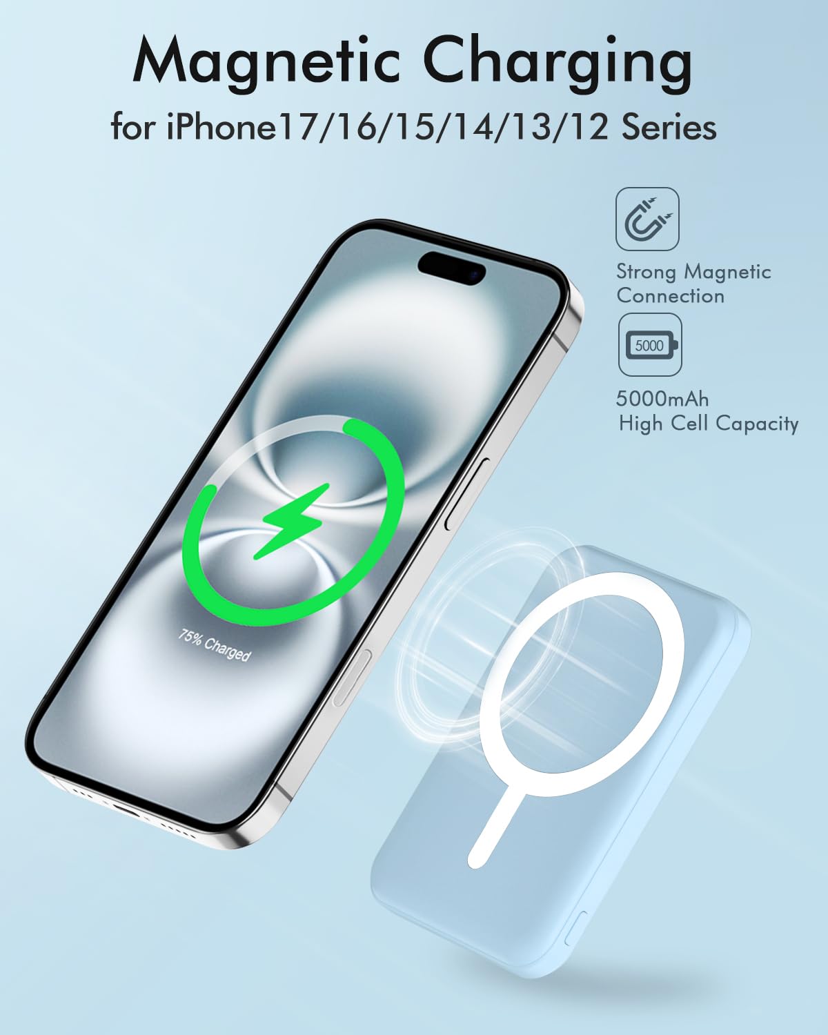 podoru acoplado a un iPhone mostrando carga magnética rápida y uso sin cables en exteriores