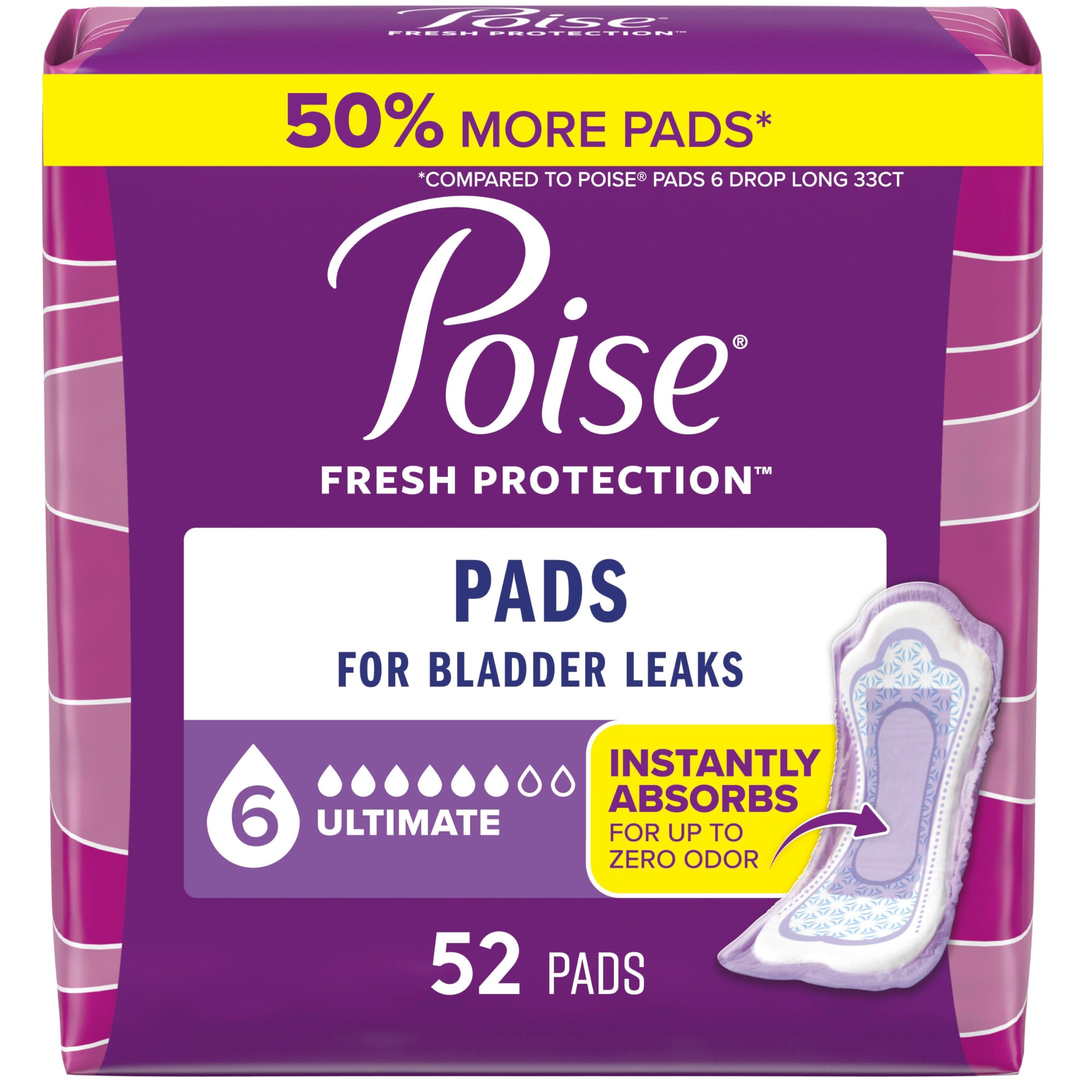 Poise frente del empaque mostrando 52 almohadillas y beneficio de protección