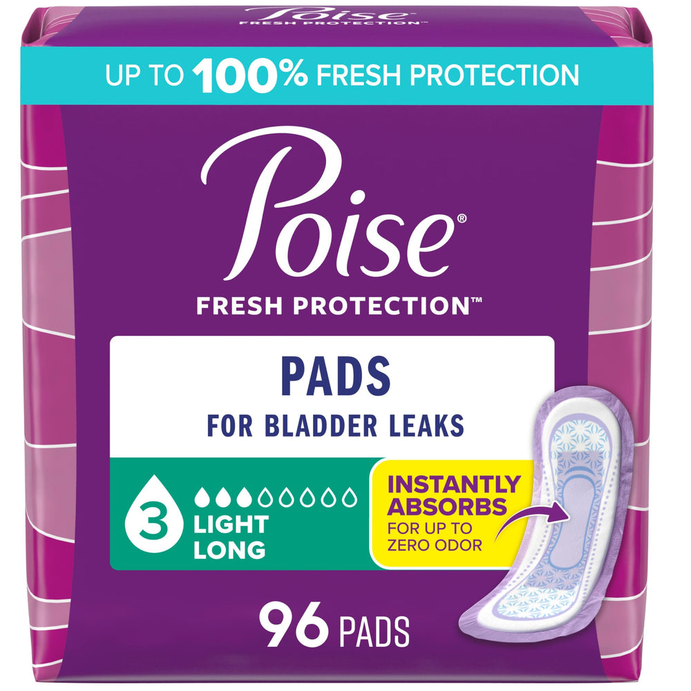 Poise front packaging long 96ct showing product and quantity for convenience