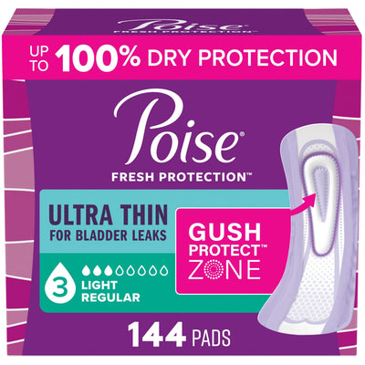 Poise front packaging showing count and light protection benefit