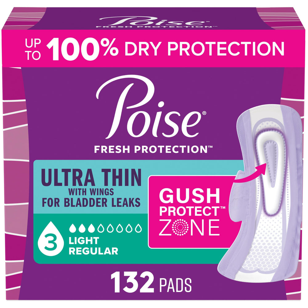 Poise empaque frontal mostrando 132 toallas y marca para almacenamiento fácil