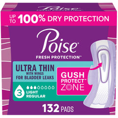 Poise empaque frontal mostrando 132 toallas y marca para almacenamiento fácil