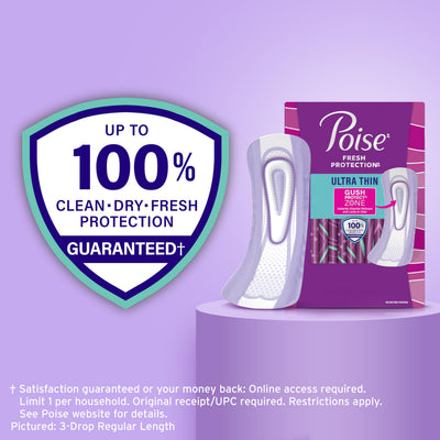 Woman smiling wearing Poise pads showing confidence and fresh benefit