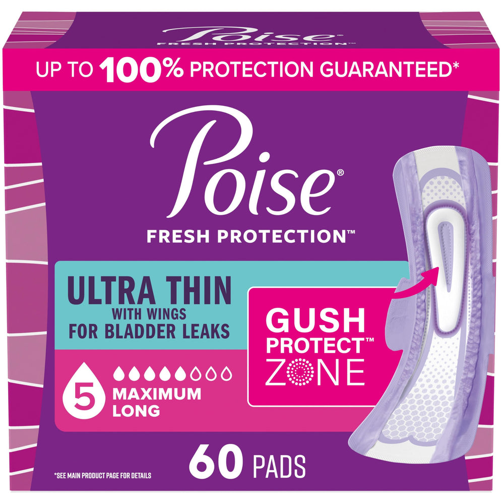 Poise empaque frontal mostrando 60 unidades y beneficio de protección máxima