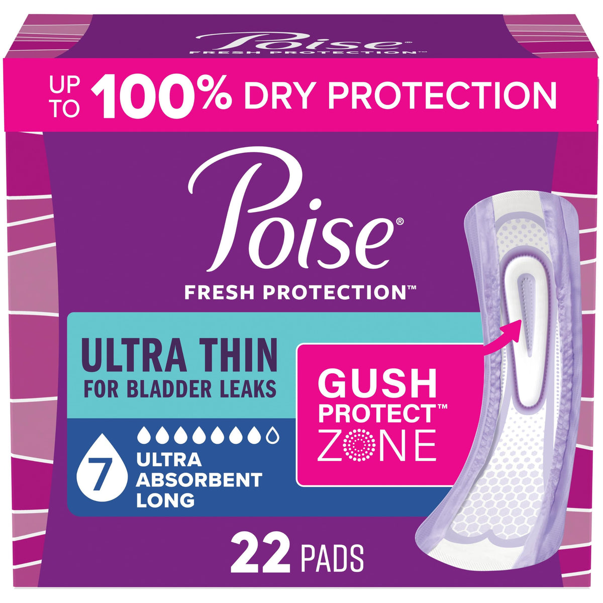 Poise empaque frontal mostrando 22 compresas y beneficio de alta absorción