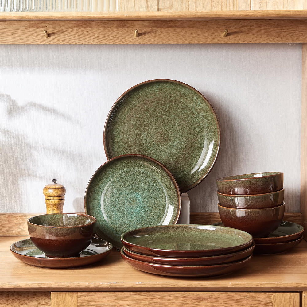 Pokini stacked plates on shelf demonstrating space-saving storage benefit