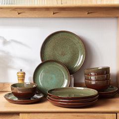 Pokini stacked plates on shelf demonstrating space-saving storage benefit
