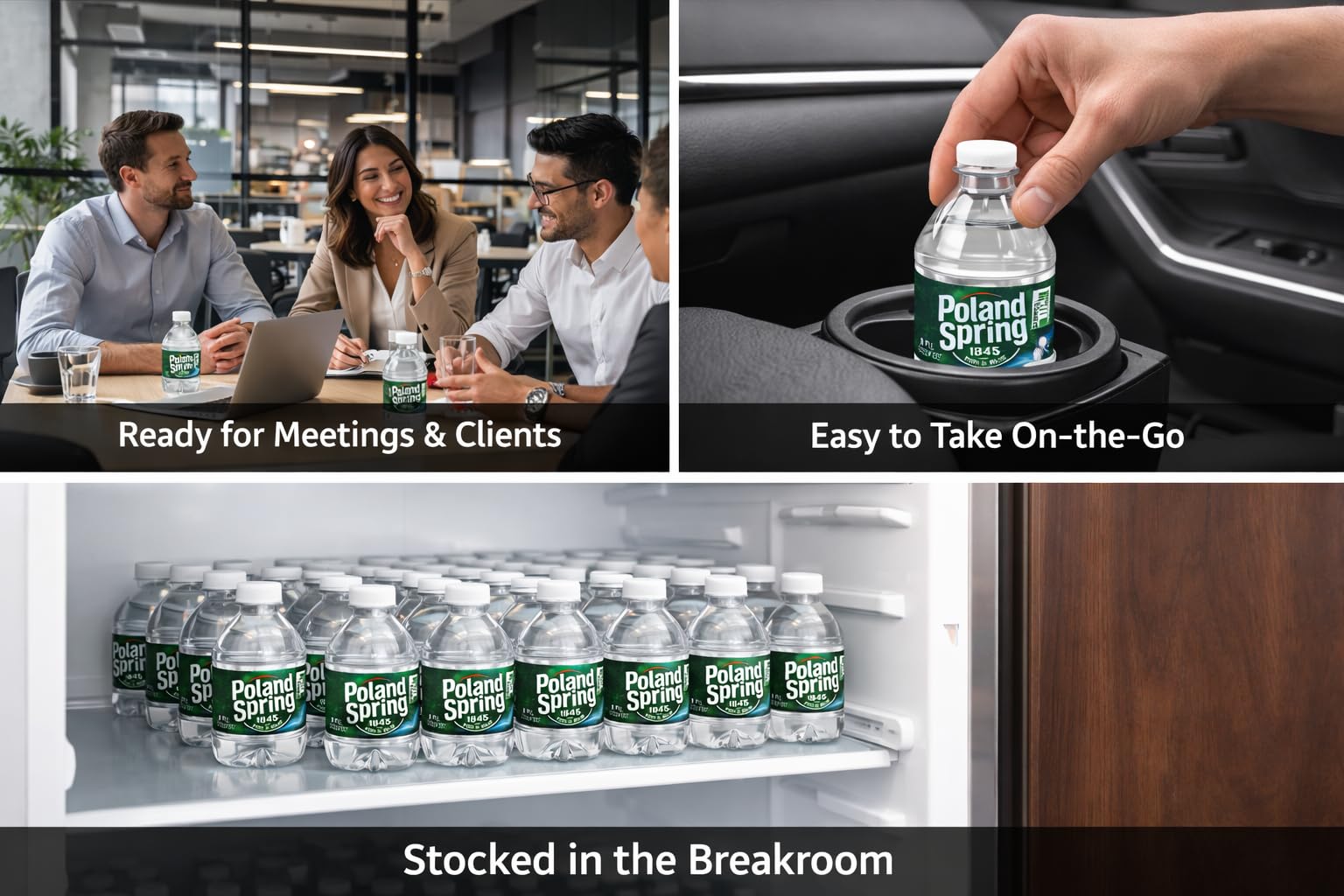 Poland Spring caja abierta con 24 botellas Macouba lista para distribución