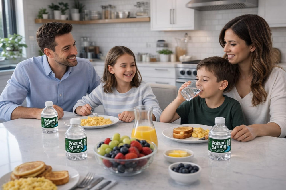 Poland Spring comparación de tamaño Macouba junto a una mano para escala clara