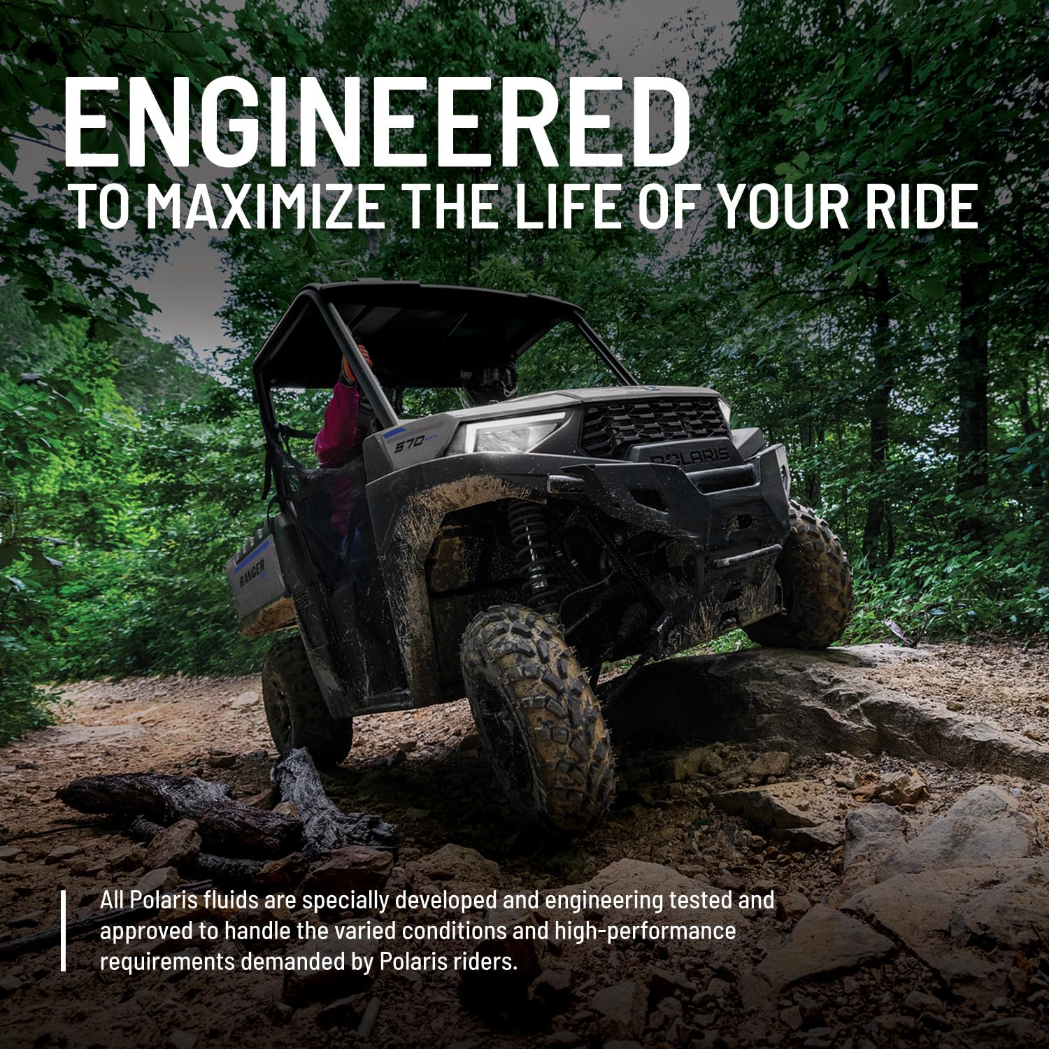 ATV Polaris en terreno off-road con envase Polaris mostrando uso recomendado