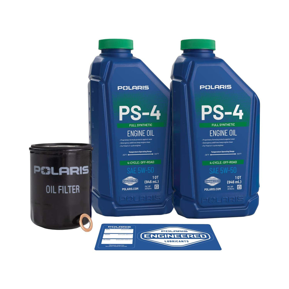 Polaris PS-4 5W-50 oil quart close-up showing pour spout and clear label benefits