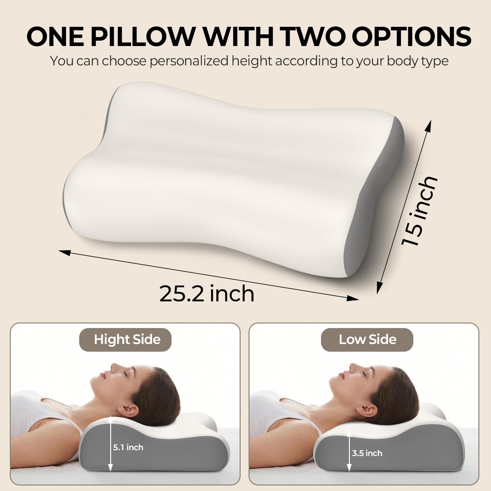 Polovo dual-height profile side view illustrating adjustable loft for side and back sleepers