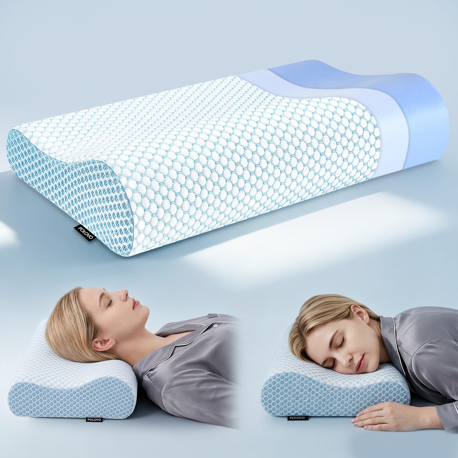 Polovo front view blue neck pillow showing ergonomic contour and supportive shape